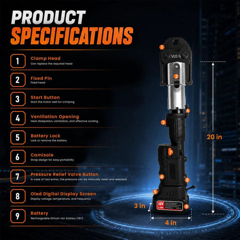 Heavy Duty 18V Electric Pipe Crimping Tool Kit With 60KN Force And High Carbon Steel Head showing specifications with dimensions and features.