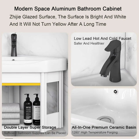 Bathroom Corner Basin Sinks, Wall Mount Vessel Sink,White Vessel Sink,Combo For Small Space Wall Mounted Cabinet Set Design White Resin Basin Sink Top Chrome Faucet And Drain. (48x48x40cm) with modern aluminum cabinet and storage.