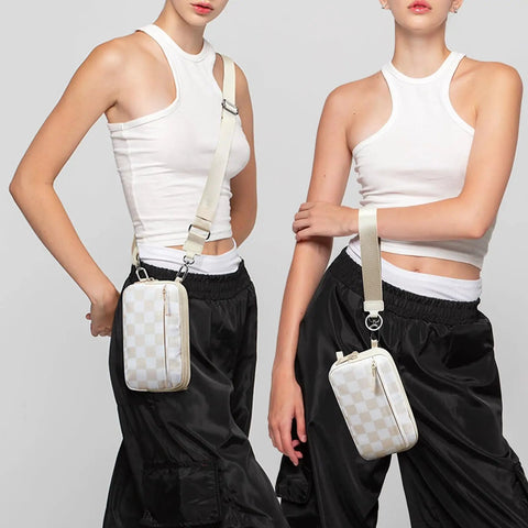 Two models wearing Women's RFID Blocking Crossbody Wristlet Wallet With Four Zippers, Checkered Beige, shown crossbody and wristlet.
