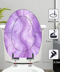 Elongated Abstract purple liquid marble watercolor glitter Toilet Seat shown installed with metal links and easy-to-install design.