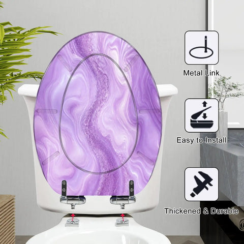 Elongated Abstract purple liquid marble watercolor glitter Toilet Seat shown installed with metal links and easy-to-install design.