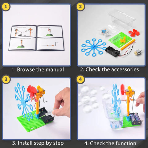 Four-step guide to assembling bubble machine from Six In One STEM Robotics Kit For Kids Ages Eight To Twelve.