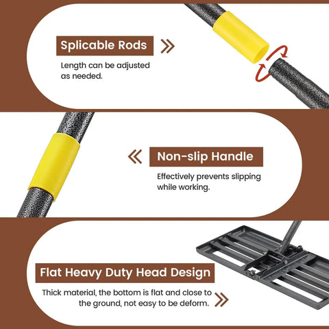 Pro Grade Heavy Duty Lawn Leveling Rake With 30x10 Foldable Leveler Plate And 6 Ft Adjustable Stainless Steel Shaft features