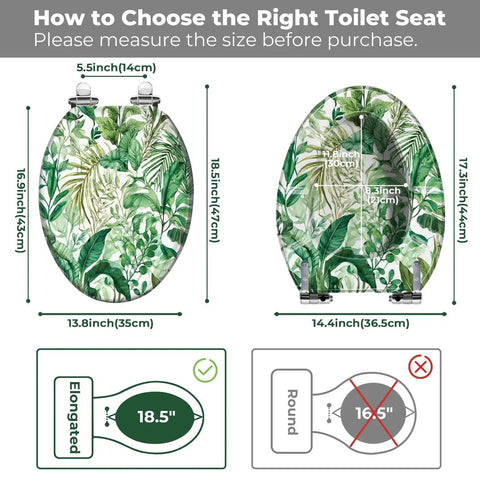 Elongated Resin Toilet Seat for Bathroom measuring 18.5 inches length with tropical leaf design for style and fit.