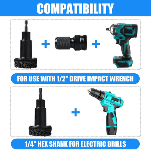 Wheel Hub Cleaning Tool Kit Pro Grade Heavy Duty Resurfacing Kit With 7 Pads showing impact wrench and drill compatibility