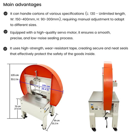 No Sweat Cross Shape Full Circle Case Sealer Machine 0 To 15 Pcs Min Electric Cart Taping Dispenser for small business shipping, detailed dimensions shown.