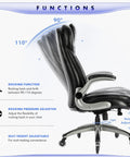 Side view of black ergonomic executive office chair showing reclining functions, ergonomic design, and adjustable height features.