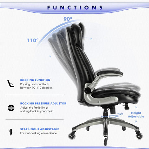 Side view of black ergonomic executive office chair showing reclining functions, ergonomic design, and adjustable height features.