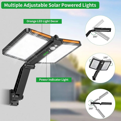 Outdoor Solar Flood Light With 218 LEDs Dual Solar Panels Motion Sensor Five Lighting Modes Waterproof High Brightness Security Lighting For Backyard Shed Driveway Black mounted on wall