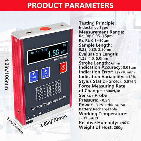 Surface Roughness Tester Profilometer For Quick On The Go Measurements With Ra Rq From 0.05 To 15.0 Micrometers And Rz Rt From 0.1 To 50.0 Micrometers, Portable Roughness Gauge With Calibration Block, LED Display And Rechargeable Battery, product dimensions and parameters listed.