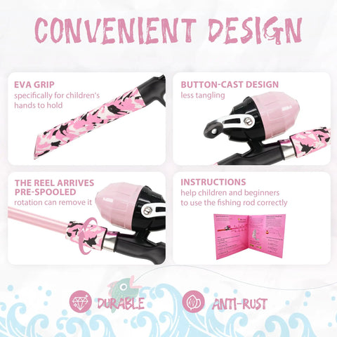 Portable Telescopic Kids Fishing Pole Set For Boys And Girls 2 Pack With Rod And Reel Includes Tackle Box Fishing Net Travel Bag And Collapsible Bucket Kid Friendly Easy Carry Toddler Youth Beginner Fishing Kit with pink EVA grip handle, pre-spooled reel, and instruction manual.