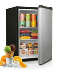 Compact 3.0 Cubic Foot Upright Freezer With Seven Adjustable Temperature Controls And A Sleek Silver Design, filled with ice cream and fruits.