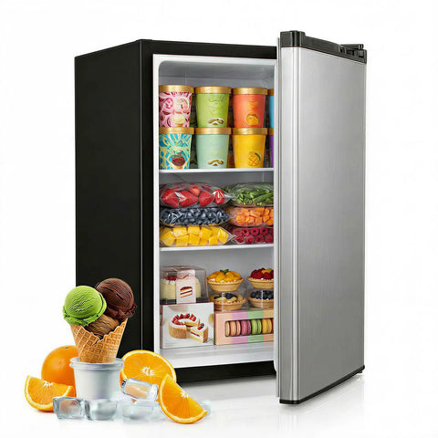 Compact 3.0 Cubic Foot Upright Freezer With Seven Adjustable Temperature Controls And A Sleek Silver Design, filled with ice cream and fruits.