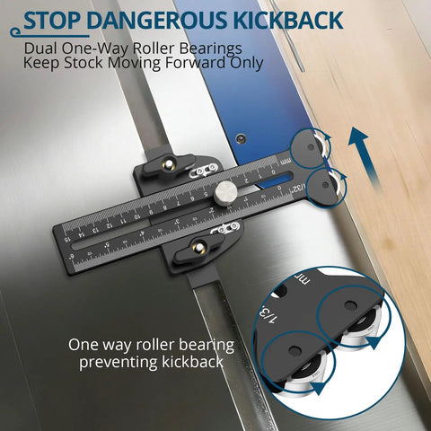 Dead Nuts On Accuracy Thin Rip Jig For Table Saw showing dual one-way roller bearings to prevent kickback.