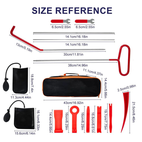 Stainless Steel Pin Puller Tool Set For Auto Repair, 16 Piece Heavy Duty Car Repair Kit with measurements in carry bag
