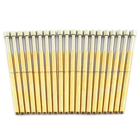 100Pcs P75-E2 Spring Test Probes Set With Conical Heads For PCB Testing lined up, showing gold 1.02mm tubes and 1.3mm tips