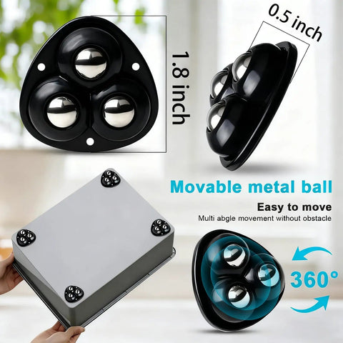 Glide Easy Appliance Mover Set With No Sweat Self Adhesive Mounts And Rock Solid 360 Swivel Casters For Kitchen Islands Coffee Bars And Couch Legs Eight Pack Black Finish, showing 360 swivel black wheels and metal ball.