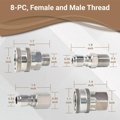 Cenforge 8-piece stainless steel quick-connect pressure washer fittings with 3/8 inch male and female threads