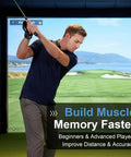 Man using Golf Swing Trainer With Carbon Fiber Pattern Hinge Brace Band in indoor golf simulator for a consistent full swing.