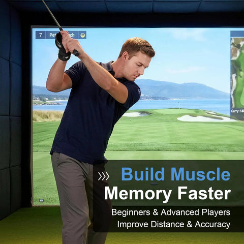 Man using Golf Swing Trainer With Carbon Fiber Pattern Hinge Brace Band in indoor golf simulator for a consistent full swing.