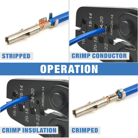 Open Barrel Terminal Crimping Tool For Deutsch DT Series Pro AWG14 To AWG24 operation steps with detail views.