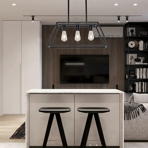 Black four-light island pendant hanging in modern kitchen, showcasing Island Pendant Light For Kitchen Black Four Light Modern Dining Room Fixtures Hanging Cage Linear Pendant Lights Farmhouse Style Dimmable With E26 Base Bulbs Not Included Today.