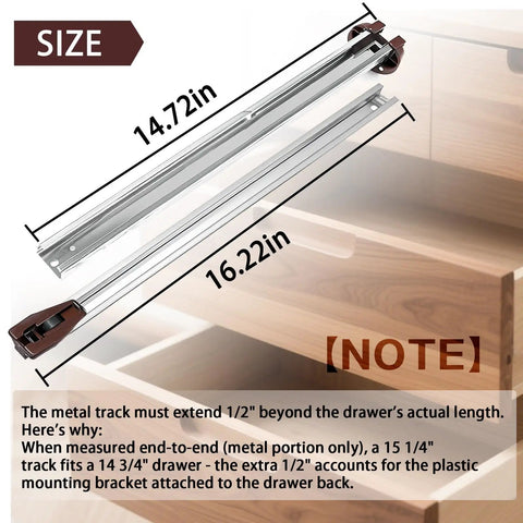 Two Pack 16 Inch Center-Track Drawer Slides With Stops And Rollers For Easy Glide And Smooth, Stable Operation, Heavy Duty Metal Rails Compatible With Rite-Trak II Style Drawers In Dressers, Nightstands, Cabinets And Closets. Size guide showing 14.72in and 16.22in metal drawer slides