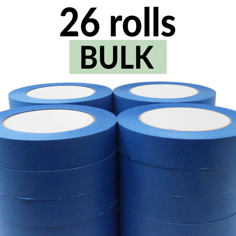 Blue Painter's Tape 1 Inch Wide Bulk Pack With 26 Rolls And 1,430 Yards Total For Walls Glass Wood Trim Easy Clean Removal High Performance Masking Tape For Painting Projects And Precise Edges displayed in stacks