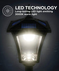 Sun Powered Outdoor Solar Lamp Post Light 65 Inch Tall Black Garden Decor with warm LED, close-up of LED technology and light emission.