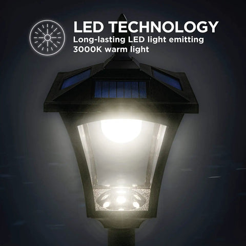 Sun Powered Outdoor Solar Lamp Post Light 65 Inch Tall Black Garden Decor with warm LED, close-up of LED technology and light emission.