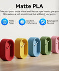 Five colorful 3D printed clocks showcasing Olive Green Matte PLA 3D Printer Filament 1.75mm for FDM Printers, smooth matte finish.