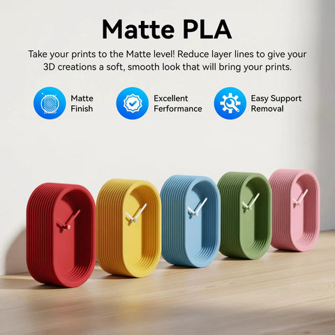Five colorful 3D printed clocks showcasing Olive Green Matte PLA 3D Printer Filament 1.75mm for FDM Printers, smooth matte finish.