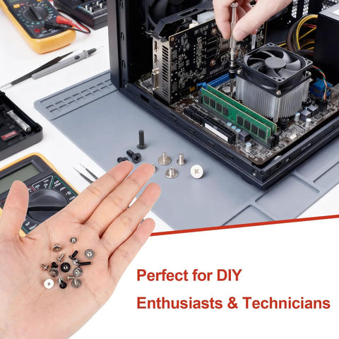 Top Shelf Computer Screws Assortment Kit Featuring 180 Nickel Plated Fasteners in hand, ideal for PC case modding.