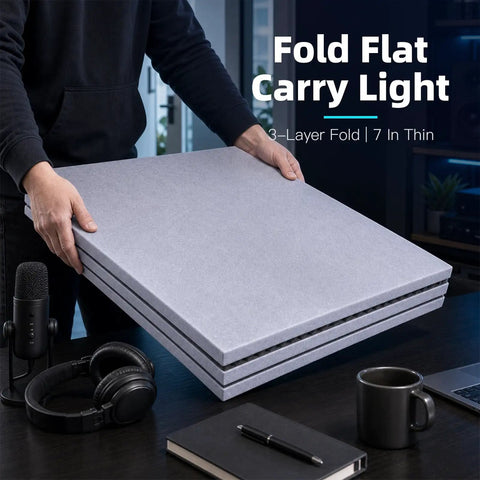 Portable Soundproof Box For Singer And Streamer Ditch Room Static Fast Setup Foldable Acoustic Vocal Booth stacked and held, 7 inches thin.