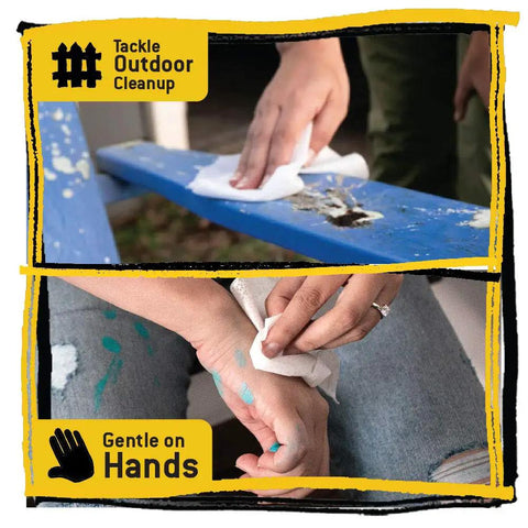 Person using Heavy-Duty Multi-Surface Cleaning Wipes 7 By 8 Inches on bench and hands, showing versatility and gentle effect on skin.