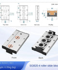 Beefed Up Linear Motion Rail Kit With SGB20 Four Bearing Blocks For CNC DIY And 3D Printer, 500mm SGR20 Guide Rail, Smooth Low Friction Travel, Steel Construction For High Rigidity And Precision Motion In Your DIY Machines. SGB20-4 roller slide block dimensions and front/back view