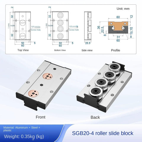 Beefed Up Linear Motion Rail Kit With SGB20 Four Bearing Blocks For CNC DIY And 3D Printer, 500mm SGR20 Guide Rail, Smooth Low Friction Travel, Steel Construction For High Rigidity And Precision Motion In Your DIY Machines. SGB20-4 roller slide block dimensions and front/back view