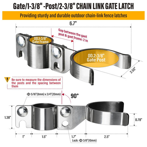 Built Tough Stainless Steel Chain Link Gate Latch With Padlock Hole Fork Latch Gate Hardware For Outdoor Use Rustproof Weather Resistant Easy Install 1 Piece, 1-3/8" gate frame and 2-3/8" post