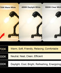 Comparison of lighting temperatures 2700K warm white, 4000K daylight white, and 5000K clear white with descriptions.