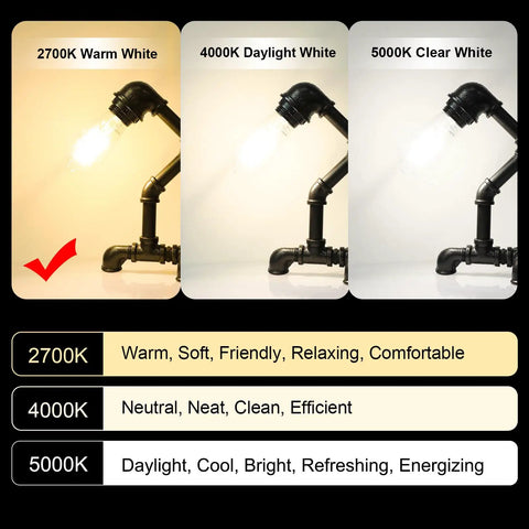 Comparison of lighting temperatures from 2700K warm white to 5000K clear white for dimmable vintage LED Edison bulbs