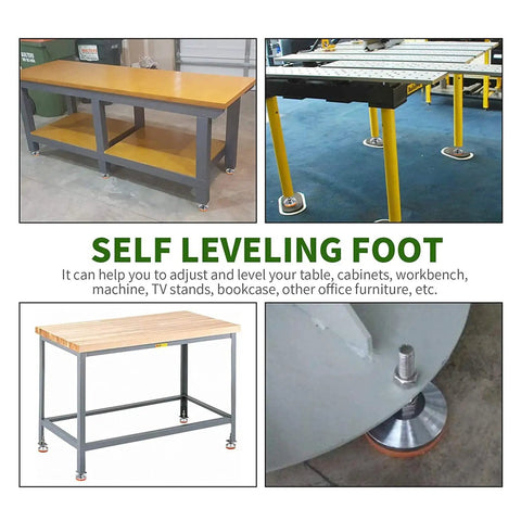 Adjustable Leveling Screw Legs on various workbenches, showcasing heavy-duty anti-skid rubber feet and carbon steel construction.