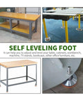 Heavy Duty Adjustable Leveling Screw Legs With Nonslip Rubber Pads For Furniture And Shop Machines shown on various tables.