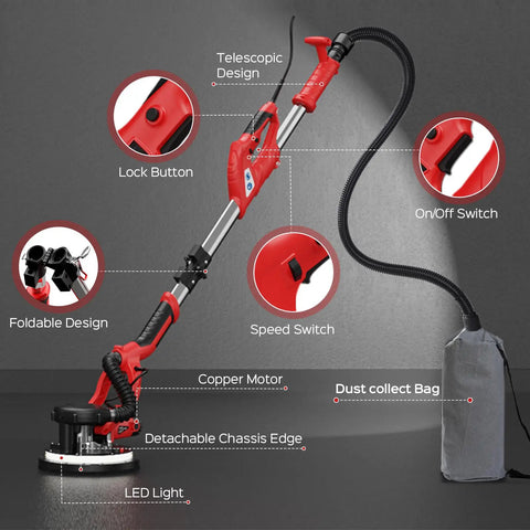 Drywall Sander Upgrade For DIY Home Projects With 8 Amp Motor, 7 Speed Settings 800 To 1800 RPM, Vacuum Dust Collector, LED Light