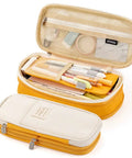 Ultra Large Capacity Pencil Case For School And Office Fits Up To 50 Pens Or 90 Pencils Two Tier Mesh Pocket Organizer Wide Opening Pouch Bright Yellow Orange Color, open view showing pens and mesh pockets.