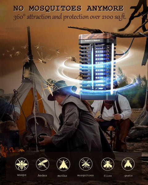 Dual LED Bug Zapper Outdoor 15W Mosquito Zapper 4200V Electric Fly Trap Western Theme IPX4 Waterproof in camping scene.