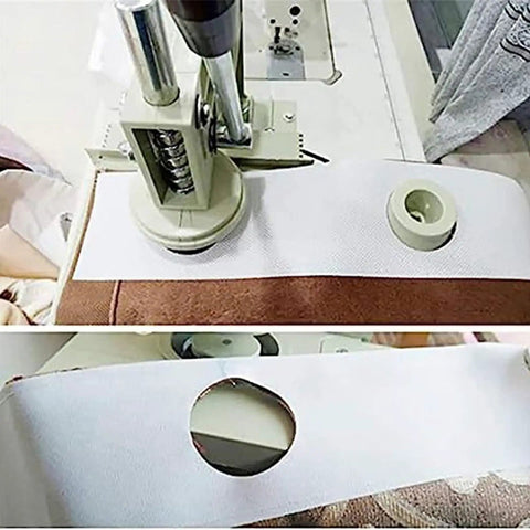 Pro Electric Curtain Punch Machine With Knives For Workshop Cutting And Punching Blinds Tools 48mm And 53mm Dies Heavy Duty, showing fabric and hole drill.