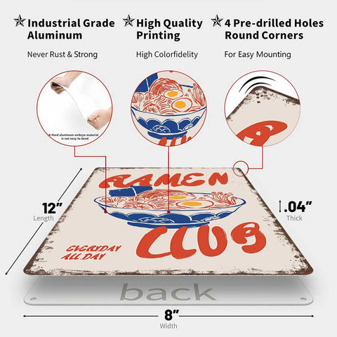 Diagram of Funny Vintage Metal Wall Sign Ramen Club Everyday All Day Tin Sign 8x12 Inches Aluminum Decor with features labeled.