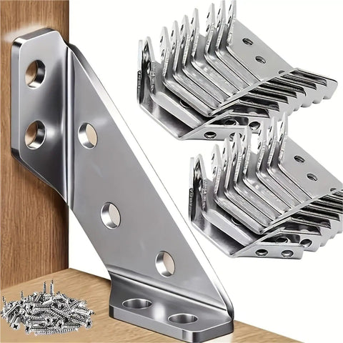 Forty Pack Heavy Duty Steel Corner Brackets With Hardware Knockout Strength Angle Supports For Tables And Shelves Rust Proof 90 Degree Anchor No Sweat Diy Upgrade showing metal brackets and screws.