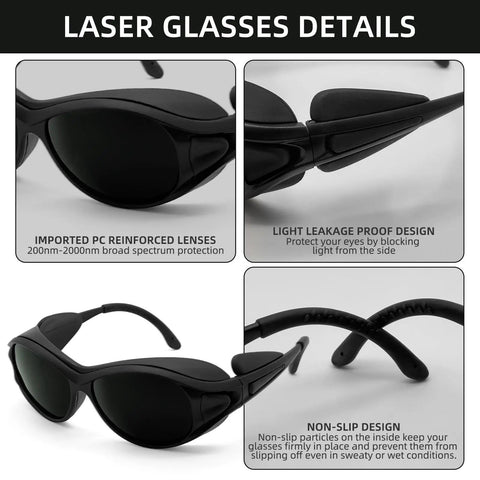 Heavy Duty IPL Laser Protection Safety Glasses With No Sweat Comfort Fit And Matte Black Frame To Block Fierce Red Rays And Keep You Chill During Lash Extension Work, showing reinforced lenses, non-slip design.