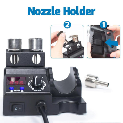 Compact Hot Air Rework Station Kit with Integrated Nozzle Holder, 3 Nozzles and 2 Tweezers, Adjustable Temperature and Air Volume